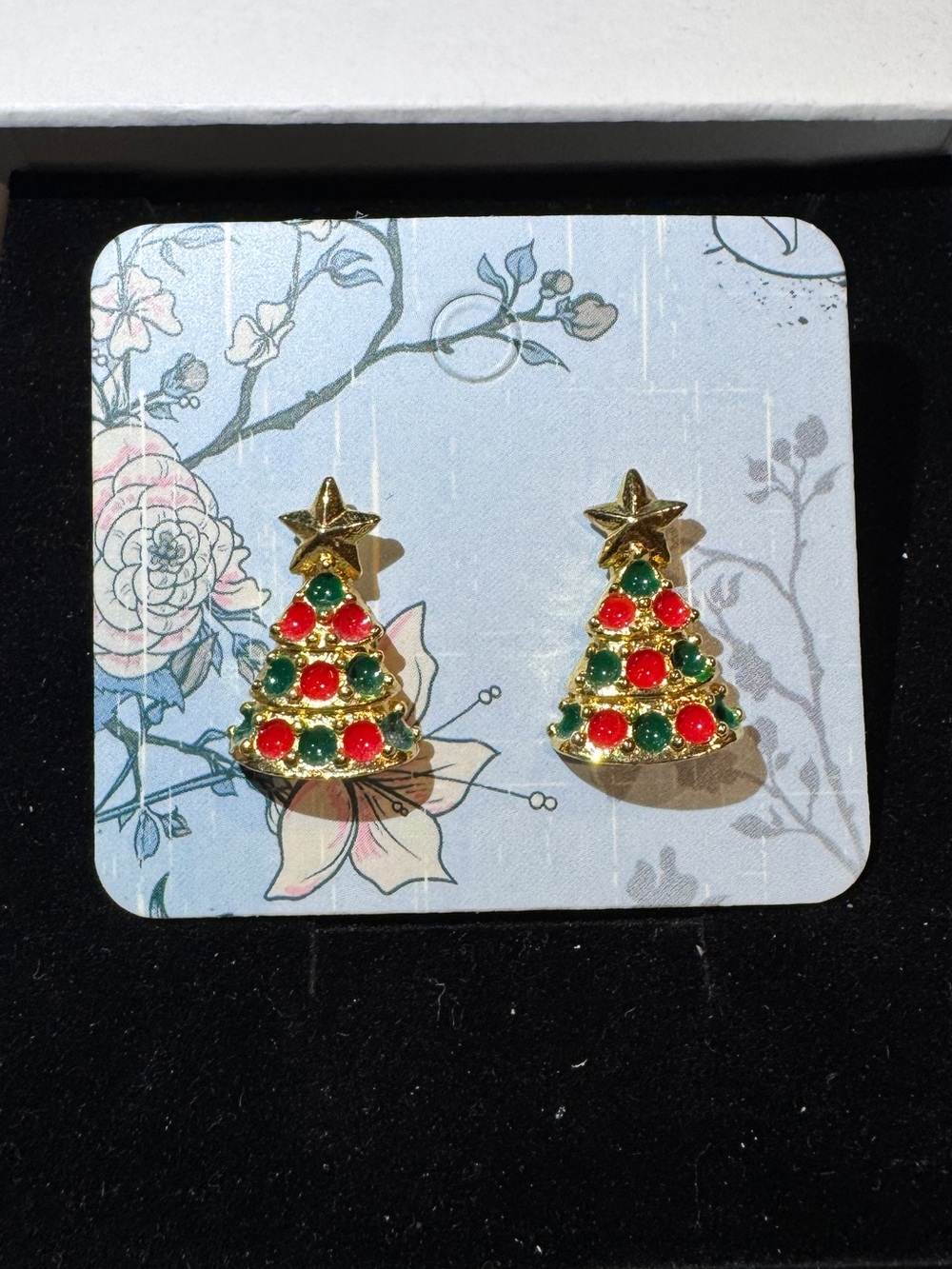 AVON NR signed Festive Gold Christmas Tree Stud Earrings - Red & Green